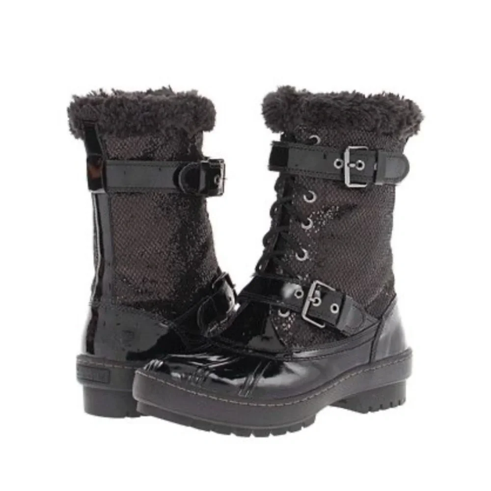 Sperry Top-Sider Alpine Glitter Fur Combat Boots Black 8M Streetwear Luxe